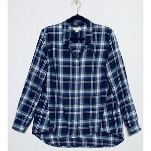 Garnet Hill Womens Size 6 Blue Plaid Button Up Shirt Cotton Long Sleeves